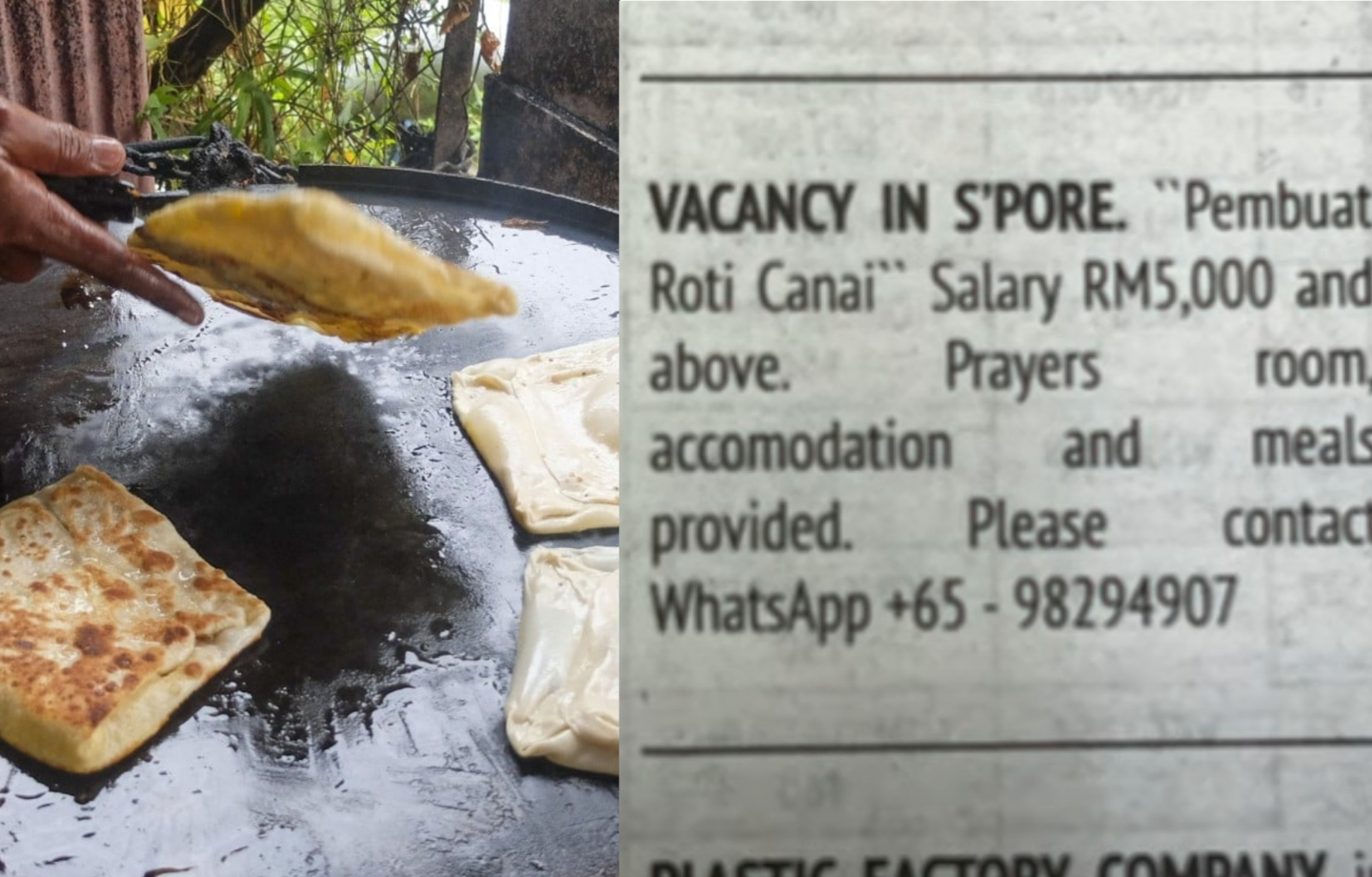 Orang Singapura Mencari Penebar Roti Canai, Tawar Gaji RM5,000 Ke Atas Berserta Tempat Tinggal